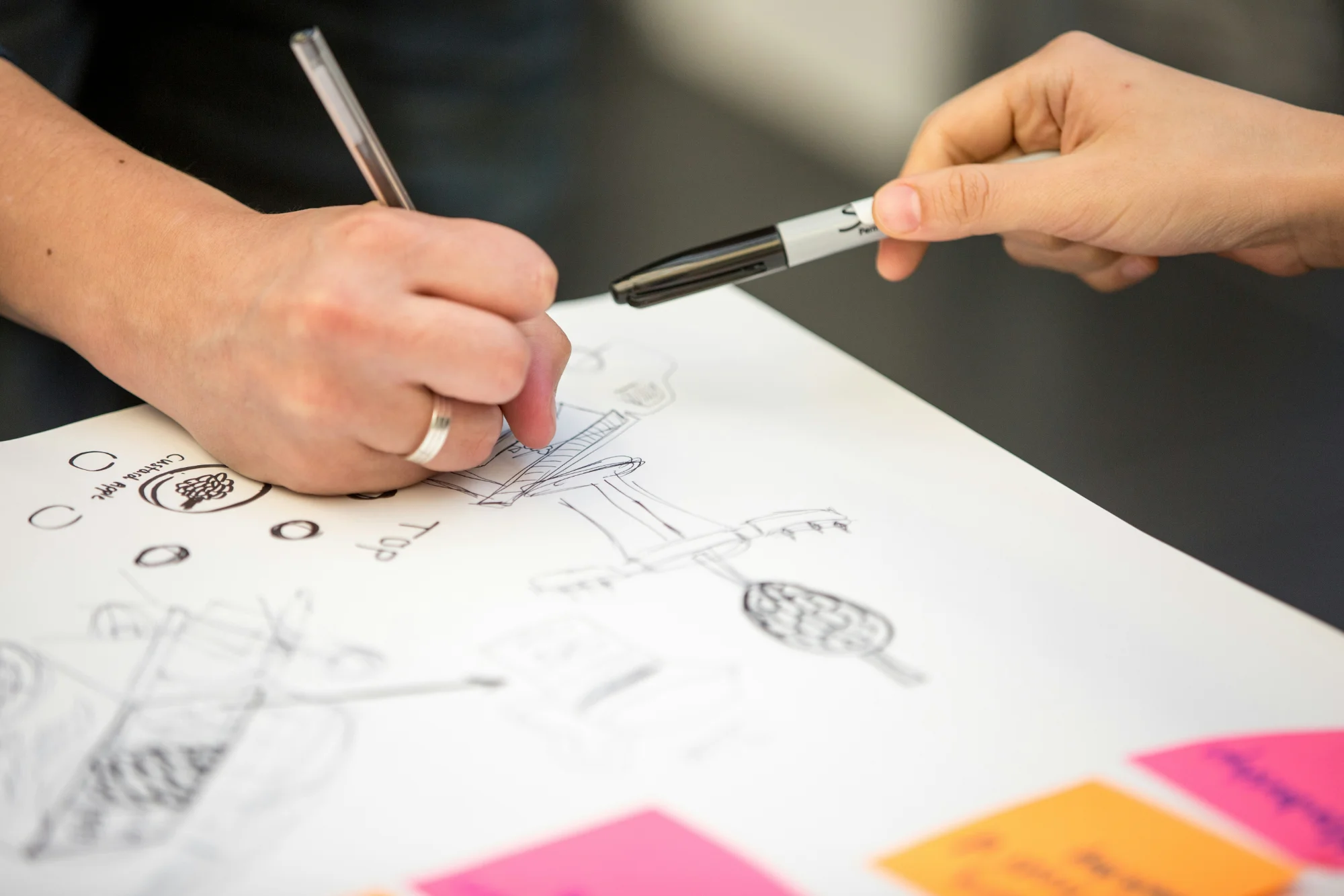 Team sketching AI proof of concept architecture during strategic scoping session
