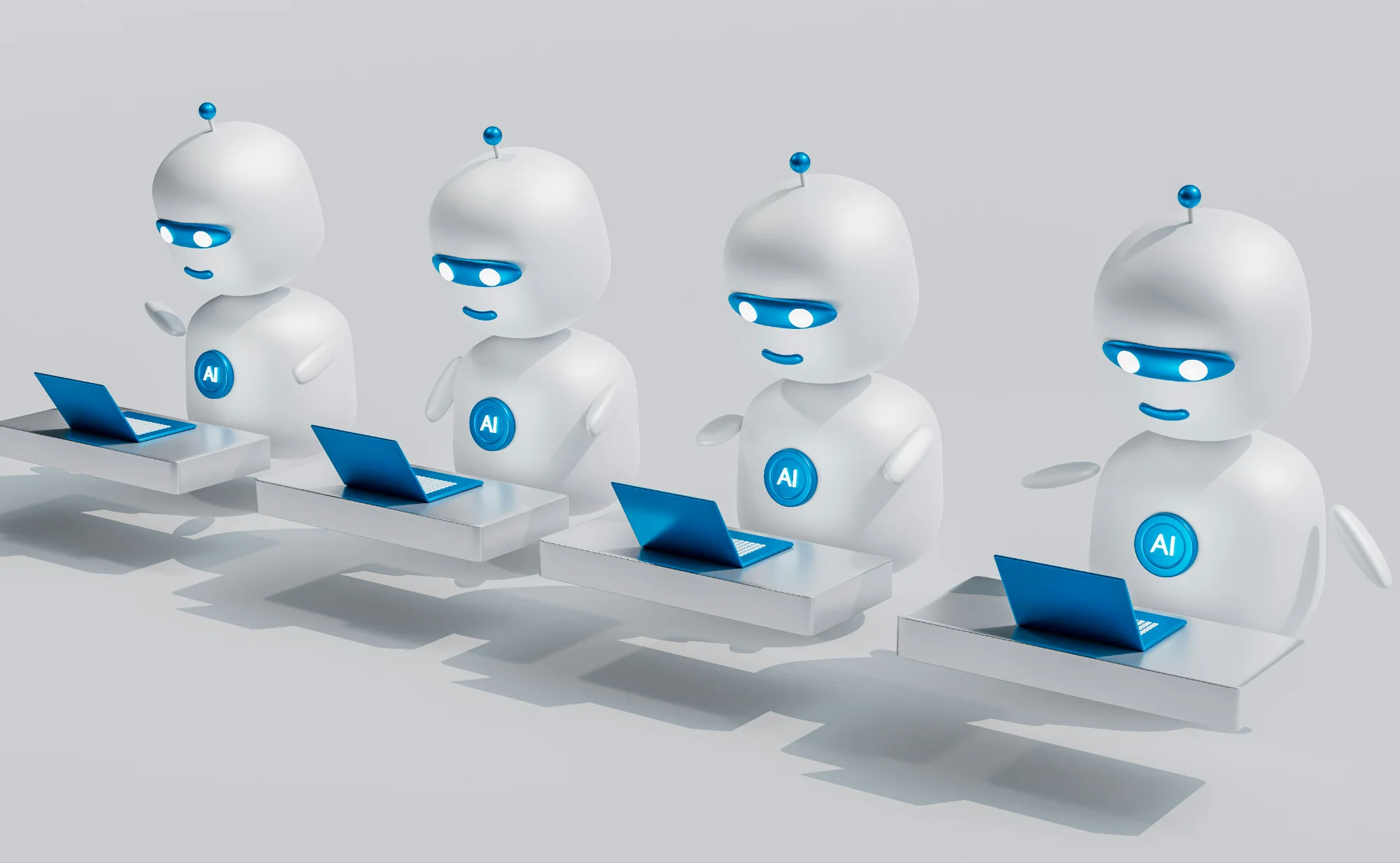 Row of white AI robot avatars working on individual laptop computers representing workforce automation
