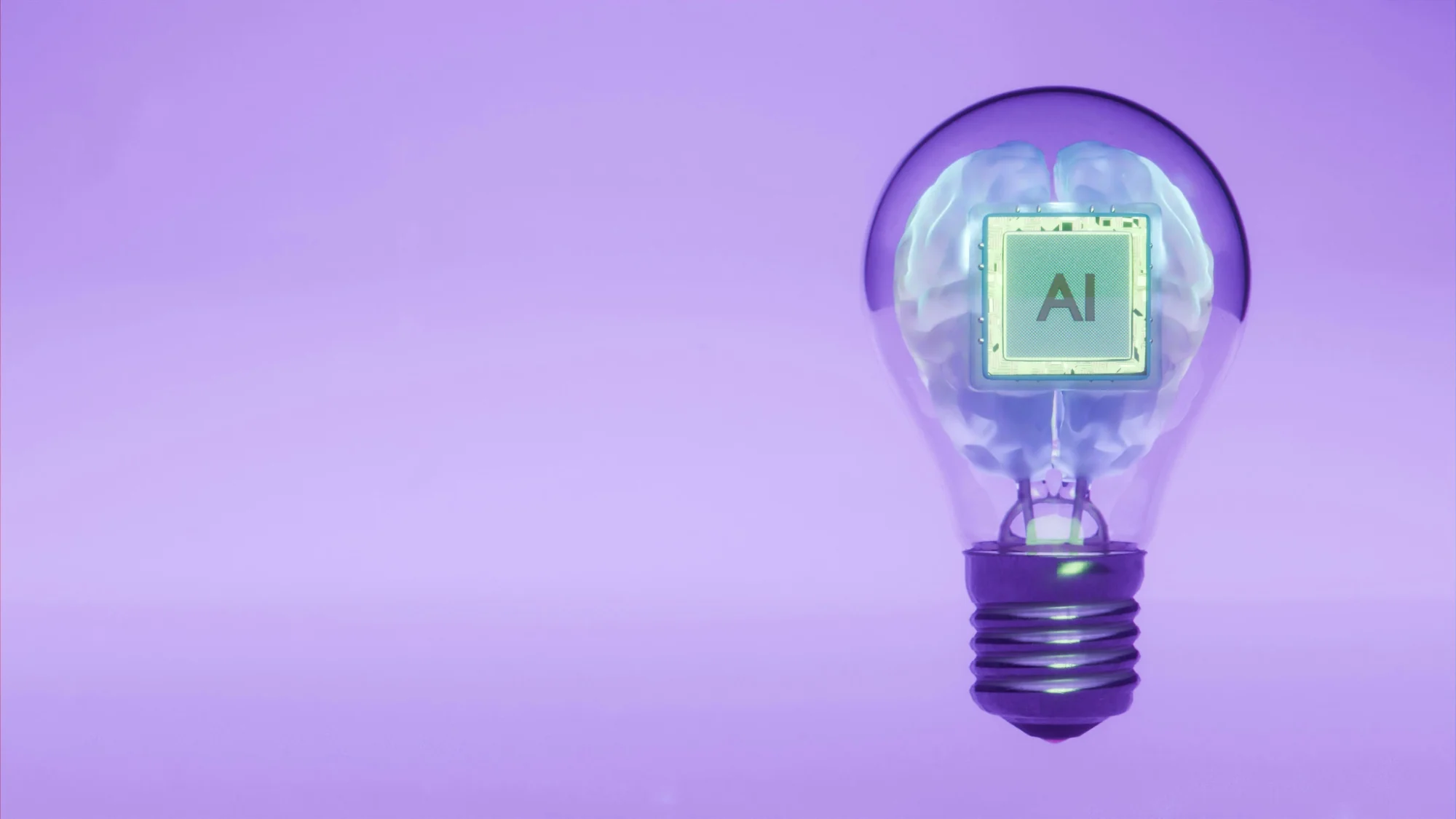 Illuminated lightbulb containing a human brain and AI processor chip representing artificial intelligence innovation