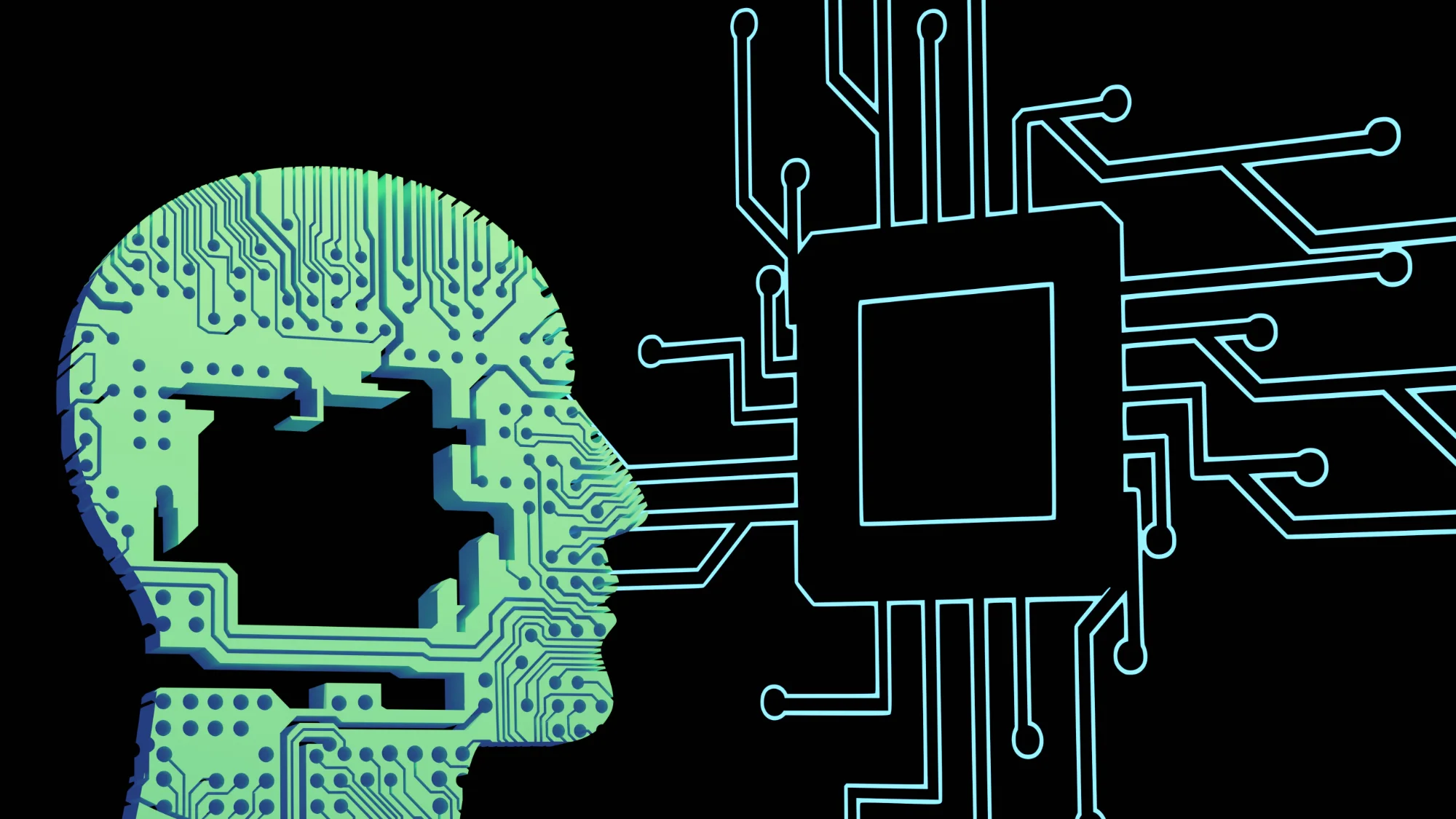 Green circuit board human head connected to microchip