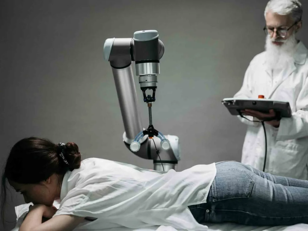 AI-powered robotic arm performing medical treatment under doctor’s supervision