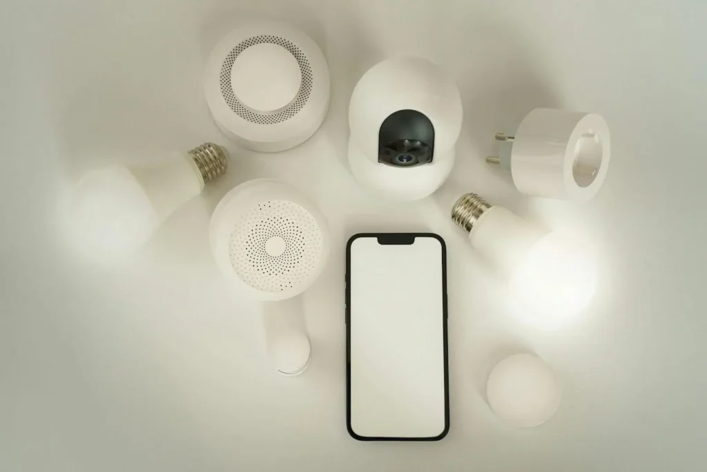 Smart home devices arranged around a smartphone