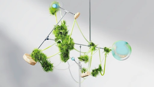 Modern hanging sculpture with greenery and connected tubes