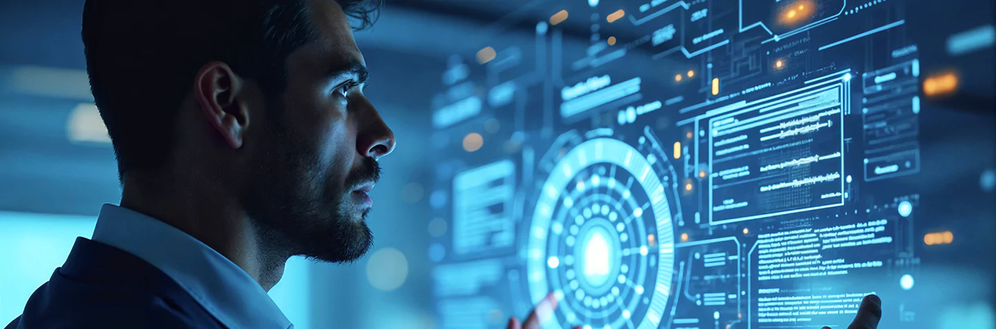 Man interacting with a futuristic digital data interface