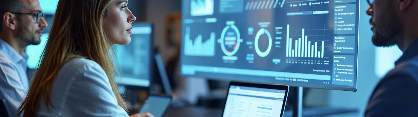Team reviewing real-time data on big wide digital dashboards