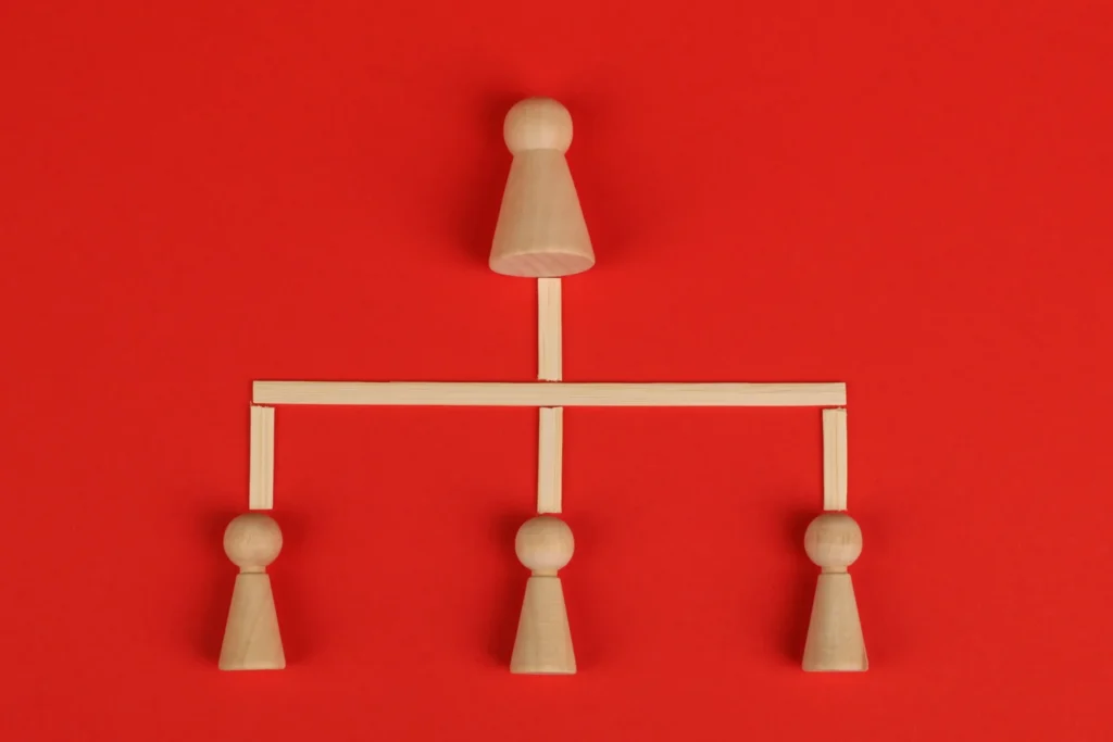 A corporate organizational hierarchy diagram made with wooden figurines on a solid red background