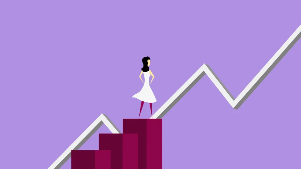 Business leader standing on top of rising growth charts symbolizing success and positive ROI in an enterprise AI strategy implementation.