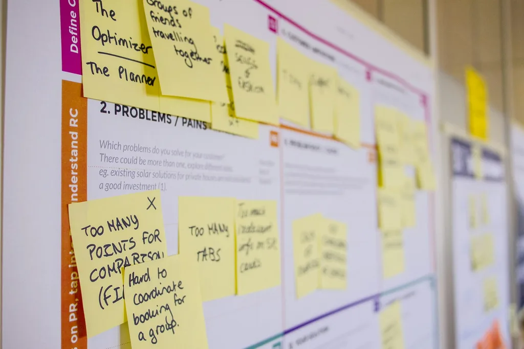 Sticky notes on a strategy board mapping problems and solutions