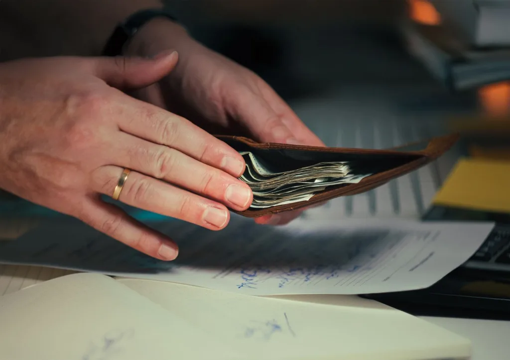 Hands holding an open wallet full of cash over documents